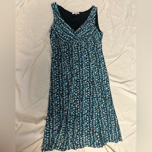 Lined midi dress - teal, brown, and white circles - business casual